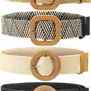 WILLBOND 4 Pcs Women's Elastic Raffia Woven Belt, Boho Rattan Buckle Stretch Straw Wide Waist Belt for Dresses Jeans Pants
